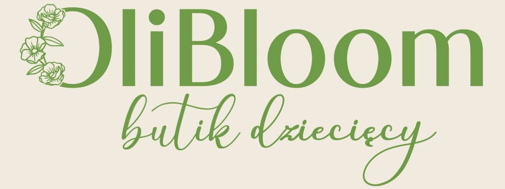 Logo OliBloom butik dziecięcy z zielonymi literami i kwiatami